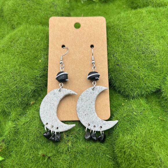 Crescent Moon Polymer Clay Hypoallergenic Silver Tone Handmade Dangle Earring - Picture 2 of 8